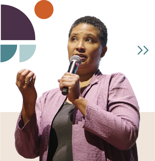 Collage featuring Dr. Danielle Allen speaking into a microphone.