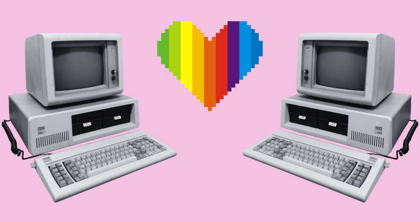 old computers and pixel heart graphic