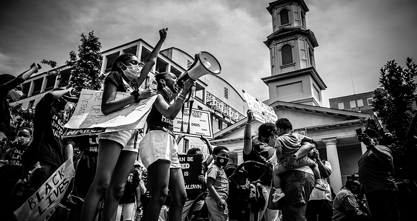 black & white image of protest