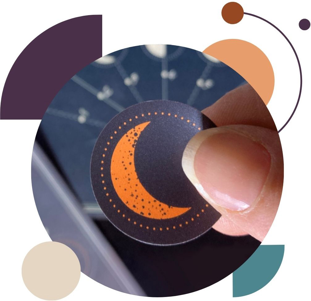 Collage featuring moon board and sticker from the Humanities Challenge.