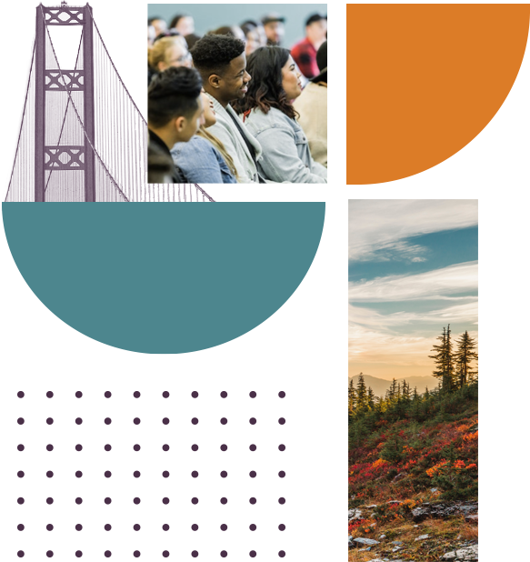 Collage featuring Washington State landscape and a crowd of people listening.