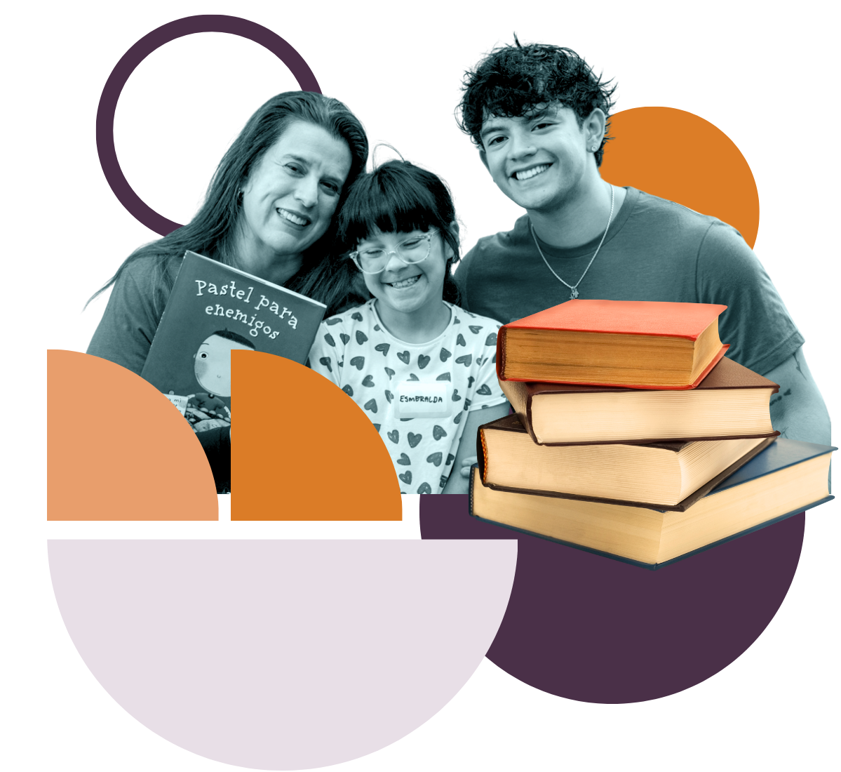 Collage of three people smiling with books.