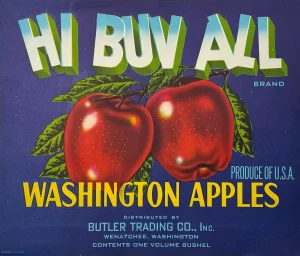 Vintage poster advertising Washington apples featuring an illustration of two red apples backgrounded by green leaves. 